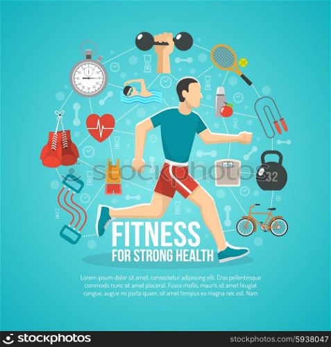 Fitness concept with running man and sports equipment vector illustration. Fitness Concept Illustration