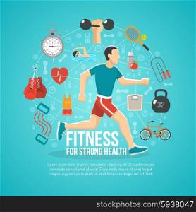 Fitness concept with running man and sports equipment vector illustration. Fitness Concept Illustration