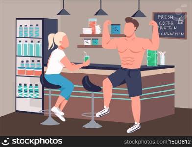Fitness culture flat color vector illustration. Man and woman in fitness bar 2D cartoon characters with counter on background. Healthy lifestyle activity. Drink establishment for sports people. Fitness culture flat color vector illustration