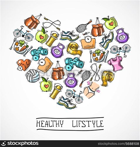 Fitness diet training sport exercise healthy lifestyle colored sketch poster vector illustration.