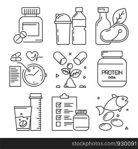 Fitness dietary icons. Sport activities food supplement health vitamins gym exercise well training vector line symbols. Illustration of fitness diet food, training bodybuilding dietary. Fitness dietary icons. Sport activities food supplement health vitamins gym exercise well training vector line symbols