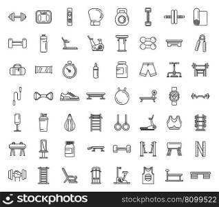 Fitness equipment icons set outline vector. Active gym. Muscle diet. Fitness equipment icons set outline vector. Active gym
