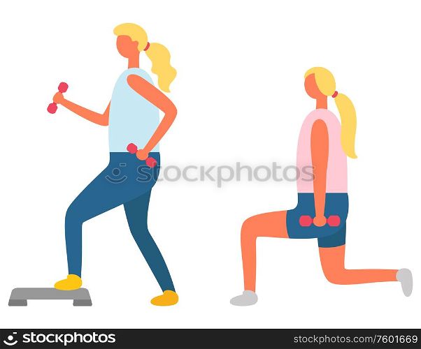 Fitness exercise, girl doing lunges with dumbbells and step vector. Training and sport, daily workout and healthy lifestyle, aerobics and physical activity. Lunges with Dumbbells and Step, Fitness Exercise