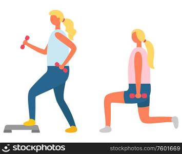 Fitness exercise, girl doing lunges with dumbbells and step vector. Training and sport, daily workout and healthy lifestyle, aerobics and physical activity. Lunges with Dumbbells and Step, Fitness Exercise