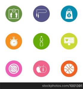 Fitness exercise icons set. Flat set of 9 fitness exercise vector icons for web isolated on white background. Fitness exercise icons set, flat style