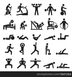 Fitness exercise icons, sport workout pictograms. People doing yoga, exercising, jogging. Various sports activities silhouette vector icon set. Characters with training with dumbbells. Fitness exercise icons, sport workout pictograms. People doing yoga, exercising, jogging. Various sports activities silhouette vector icon set