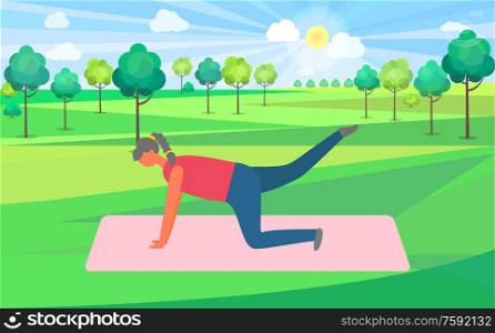 Fitness exercises in park, woman in park with green trees. Lady keeping fit and improving body, slim person, stretch muscles gymnastics, planking. Working Out, Woman on Mat, Plank Donkey Kicks
