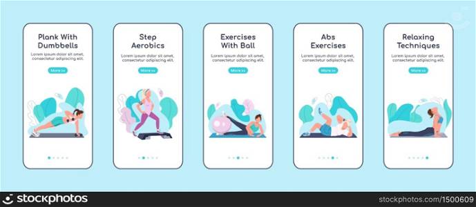 Fitness exercises onboarding mobile app screen flat vector template. Sports training at home walkthrough website steps with characters. UX, UI, GUI smartphone cartoon interface, case prints set. Fitness exercises onboarding mobile app screen flat vector template