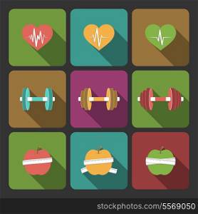 Fitness exercises progress icons set of cardio equipment and diet isolated vector illustration