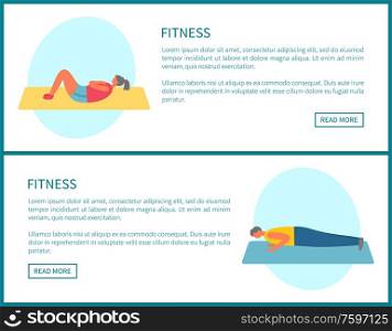 Fitness exercises vector, people doing crunches and plank website with text. Man and woman leading active lifestyle by training and working out in gym. Fitness Crunches and Plank, Exercises in Gym Set