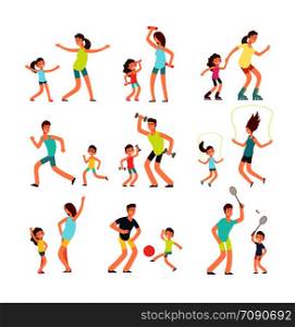 Fitness family, parents and kids training together. Active families doing sports exercise vector flat people isolated. Illustration of sport lifestyle parent with children. Fitness family, parents and kids training together. Active families doing sports exercise vector flat people isolated