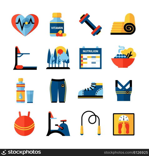 Fitness Flat Color Icons Set . Fitness flat color icons set with sport clothes gym trainers healthy food products isolated vector illustration