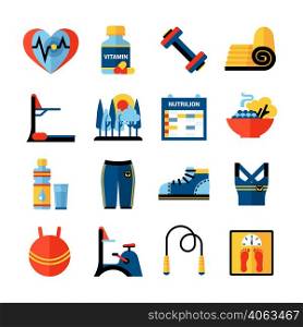 Fitness flat color icons set with sport clothes gym trainers healthy food products isolated vector illustration . Fitness Flat Color Icons Set