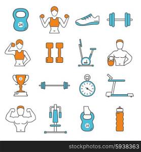 Fitness flat color line icons set with training equipment, athletes and gear isolated vector illustration