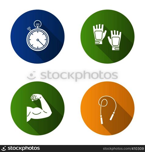 Fitness flat design long shadow glyph icons set. Sport equipment. Jump rope, bicep muscle, fingerless gym gloves, stopwatch. Vector silhouette illustration. Fitness flat design long shadow glyph icons set