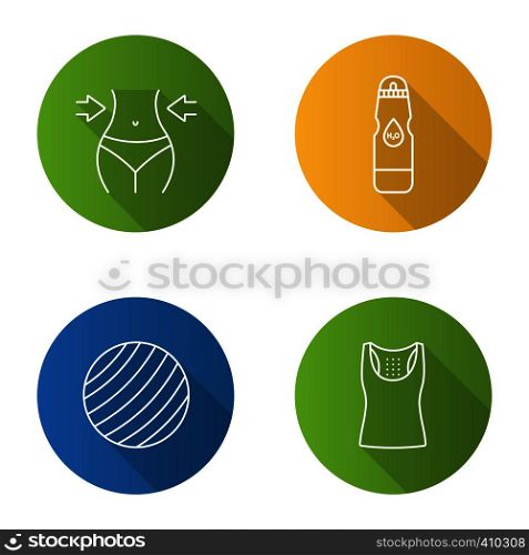 Fitness flat linear long shadow icons set. Sports equipment. Weight loss, sports water bottle, fitball, tank top. Vector outline illustration. Fitness flat linear long shadow icons set