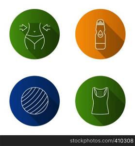 Fitness flat linear long shadow icons set. Sports equipment. Weight loss, sports water bottle, fitball, tank top. Vector outline illustration. Fitness flat linear long shadow icons set