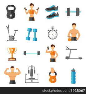 Fitness Flat Style Icons Set. Fitness flat style icons set with sportsmen athletes equipment and gear isolated vector illustration