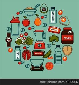Fitness food poster of sports healthy diet food nutrition icons. Vector flat design of protein drink, natural vegetables or fruits, gym energy bar and mass or weight loss pills and dietary supplements. Fitness food poster of sports healthy diet food nutrition icons.