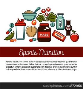Fitness food poster of sports healthy diet food nutrition poster. Vector flat design of protein drink, natural vegetables or fruits, gym energy bar and mass or weight loss pills and dietary supplements. Fitness food poster of sports healthy diet food nutrition icons.