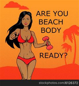 Fitness girl. Beach body ready design. Body and beach, female young fitness woman, summer attractive model, athlete fitness female, beautiful beach body vector illustration