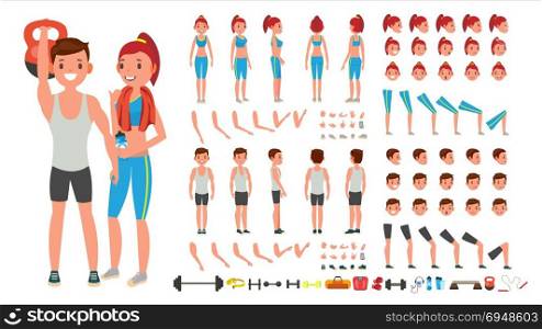 Fitness Girl, Man Vector. Animated Sport Male, Female Character Creation Set. Full Length, Front, Side, Back View, Accessories, Poses, Face Emotions, Gestures. Isolated Flat Cartoon Illustration. Fitness Girl, Man Vector. Animated Sport Male, Female Character Creation Set. Full Length, Front, Side, Back View, Accessories, Poses, Face Emotions Gestures Isolated Cartoon Illustration