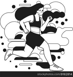 Fitness girl running and exercising illustration in doodle style isolated on background