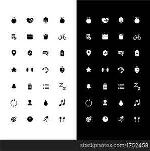 Fitness glyph icons set for night and day mode. Cardio workout schedule. Training goal. Mobile UI element. Silhouette symbols for light, dark theme. Vector isolated illustration bundle. Fitness glyph icons set for night and day mode