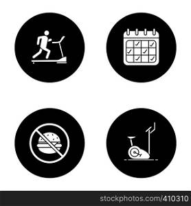 Fitness glyph icons set. Sport equipment. Treadmill, trainings calendar, healthy nutrition, exercise bike. Vector white silhouettes illustrations in black circles. Fitness glyph icons set