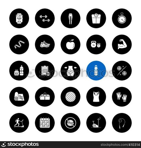 Fitness glyph icons set. Sports equipment. Exercise machines, barbells, dumbbells, clothes. Vector white silhouettes illustrations in black circles. Fitness glyph icons set