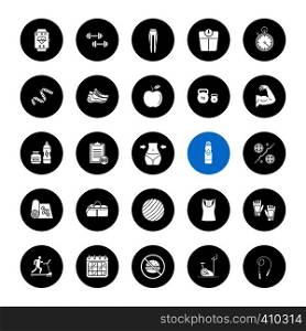 Fitness glyph icons set. Sports equipment. Exercise machines, barbells, dumbbells, clothes. Vector white silhouettes illustrations in black circles. Fitness glyph icons set