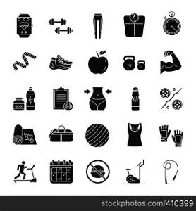 Fitness glyph icons set. Sports equipment. Exercise machines, barbells, dumbbells, clothes. Silhouette symbols. Vector isolated illustration. Fitness glyph icons set