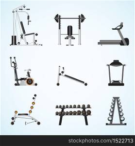 Fitness gym equipment isolated on background, gymnasium sport fitness, athletics, healthy lifestyle,flat design Vector illustration.