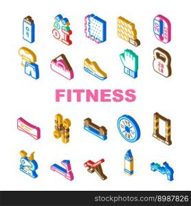 fitness gym exercise icons set vector. diet sport, weight health, healthy muscle, food nutrition, heart activity fitness gym exercise isometric sign illustrations. fitness gym exercise icons set vector