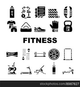 fitness gym exercise icons set vector. diet sport, weight health, healthy muscle, food nutrition, heart activity fitness gym exercise glyph pictogram Illustrations. fitness gym exercise icons set vector