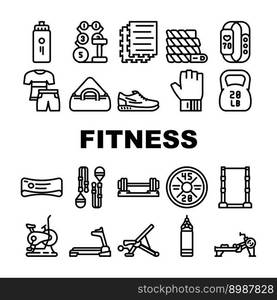 fitness gym exercise icons set vector. diet sport, weight health, healthy muscle, food nutrition, heart activity fitness gym exercise black contour illustrations. fitness gym exercise icons set vector