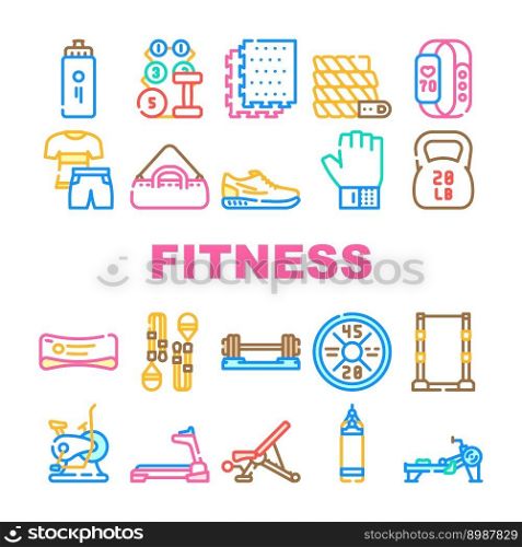 fitness gym exercise icons set vector. diet sport, weight health, healthy muscle, food nutrition, heart activity fitness gym exercise color line illustrations. fitness gym exercise icons set vector