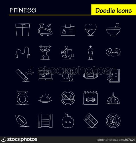 Fitness Hand Drawn Icons Set For Infographics, Mobile UX/UI Kit And Print Design. Include: Apple, Food, Fitness, Blood, Droop, Fitness, Id Card, Icon Set - Vector