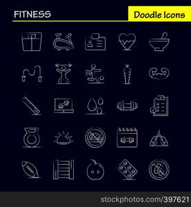 Fitness Hand Drawn Icons Set For Infographics, Mobile UX/UI Kit And Print Design. Include: Apple, Food, Fitness, Blood, Droop, Fitness, Id Card, Icon Set - Vector