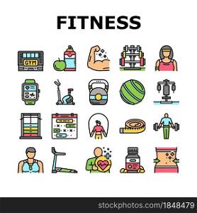 Fitness Health Athlete Training Icons Set Vector. Sportsman Equipment For Make Muscle Exercise And Fitness Bracelet Gadget, Barbell Rack And Dumbbell Tool Line. Color Illustrations. Fitness Health Athlete Training Icons Set Vector