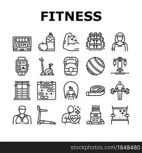 Fitness Health Athlete Training Icons Set Vector. Sportsman Equipment For Make Muscle Exercise And Fitness Bracelet Gadget, Barbell Rack And Dumbbell Tool Black Contour Illustrations. Fitness Health Athlete Training Icons Set Vector