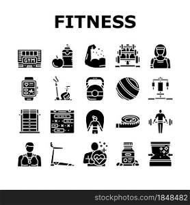 Fitness Health Athlete Training Icons Set Vector. Sportsman Equipment For Make Muscle Exercise And Fitness Bracelet Gadget, Barbell Rack And Dumbbell Tool Glyph Pictograms Black Illustrations. Fitness Health Athlete Training Icons Set Vector
