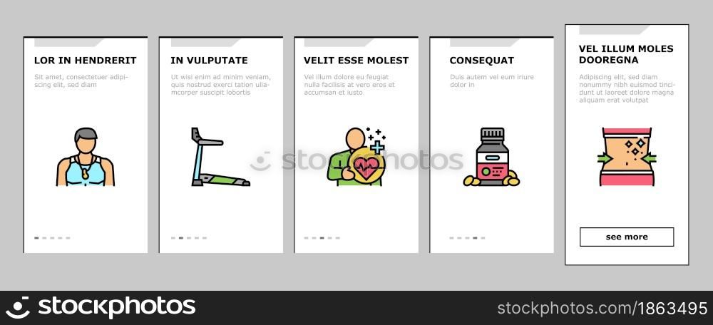 Fitness Health Athlete Training Onboarding Mobile App Page Screen Vector. Sportsman Equipment For Make Muscle Exercise And Fitness Bracelet Gadget, Barbell Rack And Dumbbell Tool Illustrations. Fitness Health Athlete Training Onboarding Icons Set Vector