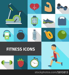 Fitness health life style activities and accessories flat icons set with stationary bicycle abstract isolated vector illustration. Fitness icons flat shadow set