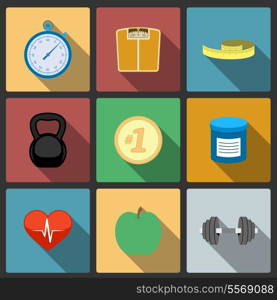 Fitness healthy lifestyle icons set of scales apple and heart rate vector illustration