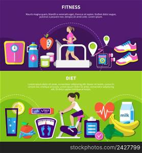Fitness horizontal banners with women at exercise equipment, diet nutrition, sport app and devices isolated vector illustration . Fitness Horizontal Banners