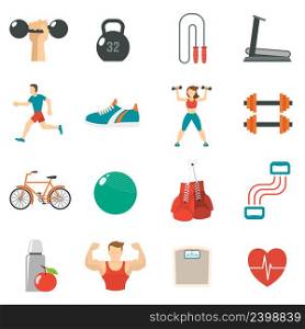 Fitness icon flat set with treadmill dumbbells running man isolated vector illustration. Fitness Icon Flat Set