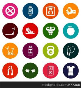 Fitness icons many colors set isolated on white for digital marketing. Fitness icons many colors set