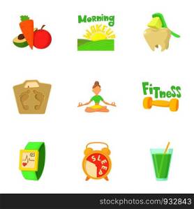 Fitness icons set. Cartoon set of 9 fitness vector icons for web isolated on white background. Fitness icons set, cartoon style