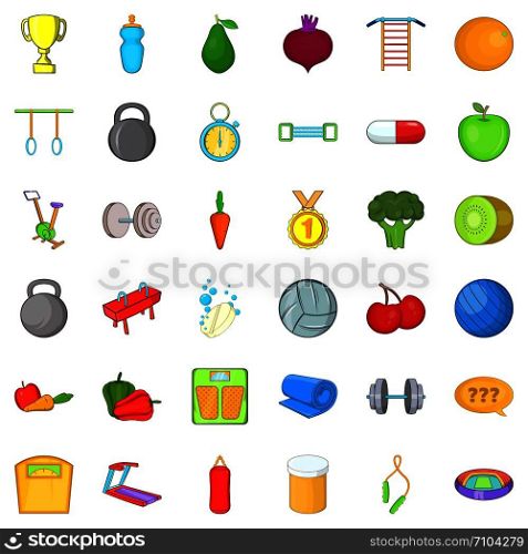 Fitness icons set. Cartoon style of 36 fitness vector icons for web isolated on white background. Fitness icons set, cartoon style